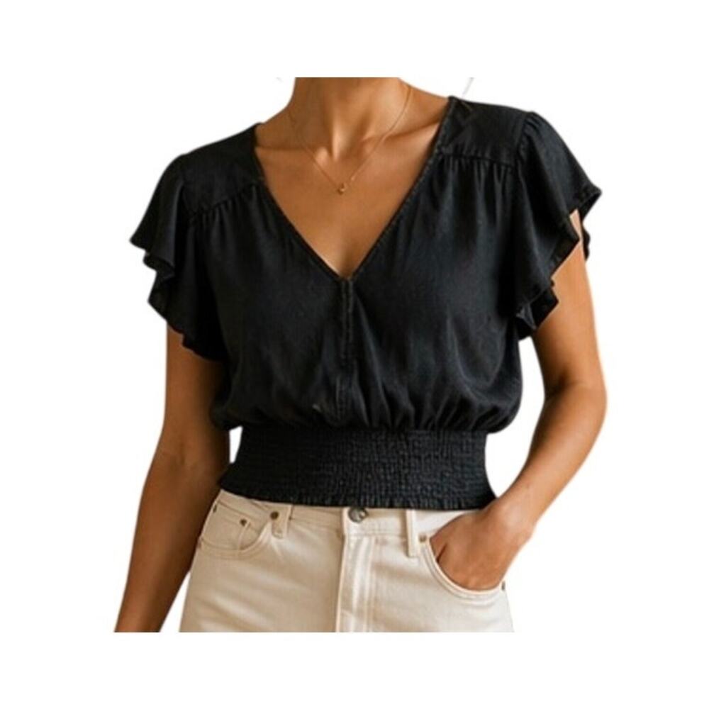 True Craft Washed Black Peplum Top Smocked Waist Flutter Sleeve Size M NWT